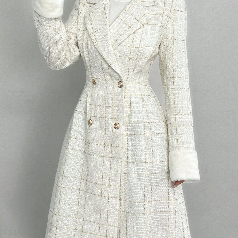 White Elegant Women's Long Sleeve Double-Breasted Coat w/Cinched Waist Cuff Fur - Picture 6 of 7
